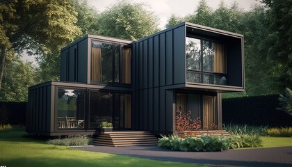 concept of sustainability and recycle , black shipping container box remake as restaurant, office or house, modern and Contemporary design, Generative Ai
