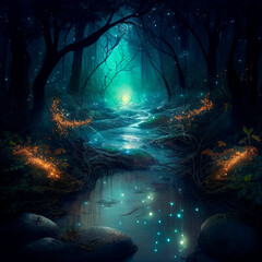 Mysterious mystical forest illuminated by fireflies