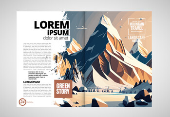 Brochure, ebook or presentation mockup ready for use, vector illustration with flat style background. Mountain background at cartoon style.  