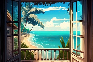 Summer Paradise in Nature - Relaxing with a Coconut fresh from the Palm Tree in your holiday resort. Window view  from the hotel - Tourism Travel Poster - Post generative Ai illustration