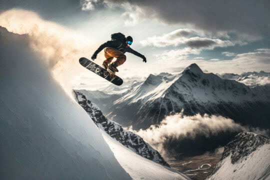 Snowboard rider jumping on mountains. Extreme snowboarding freeride sport.Ilustration, Generative AI