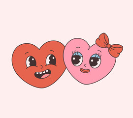 Trendy retro cartoon heart characters, love couple. Groovy style, vintage, 70s 60s aesthetics. Valentines day. Vector illustration in flat style