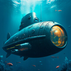 technological submarine, nautilus in the water column, 3D image