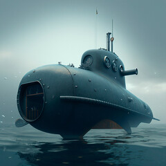 technological submarine, nautilus in the water column, 3D image