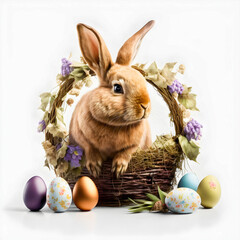 Adorable easter bunny sitting in a basket of coloured eggs isolated on a white background - generative AI