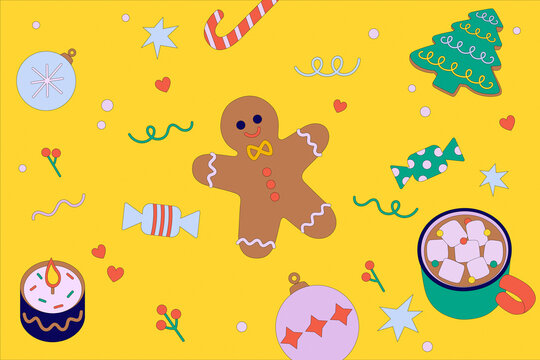 Seamless pattern with Christmas drinks and gingerbread.