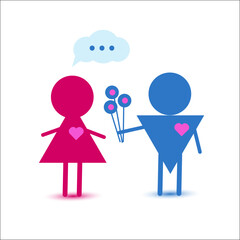 a couple of lovers, a guy gives flowers, makes an offer, in a simple geometric style