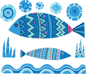 Cute doodle fish card. Around motif with fish.