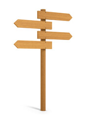 Wooden post with four direction indicators isolated on empty background. 3D Rendering
