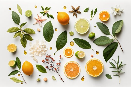 Citrus fruits, leaves, and flowers in a flat lay composition against a white background. superior photograph. Generative AI