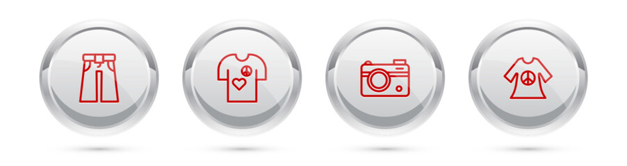 Set line Jeans wide, Peace t-shirt print stamp, Photo camera and dress. Silver circle button. Vector