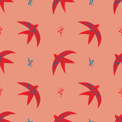 Fototapeta na wymiar Vector pattern with abstract red swallows in the matisse style on a pink background