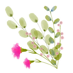 Watercolor flowers and leaves, digital drawing
