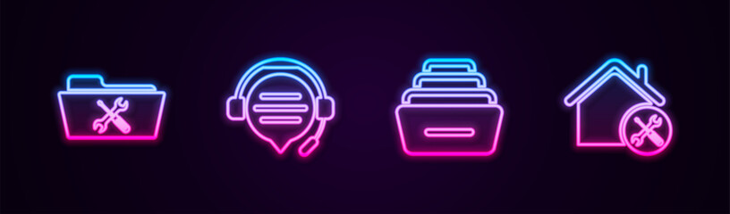 Set line Folder service, Headphones with speech bubble chat, Drawer documents and House. Glowing neon icon. Vector