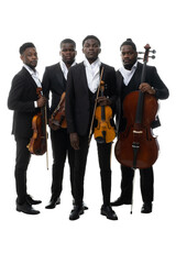 Studio portrait of a string quartet on a white background. African americans