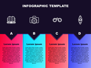 Set line Location of the forest in laptop, Photo camera, Binoculars and Kayak canoe. Business infographic template. Vector