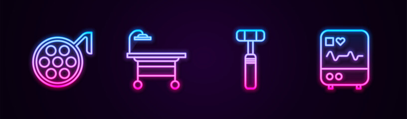 Set line Surgery lamp, Operating table, Neurology reflex hammer and Monitor with cardiogram. Glowing neon icon. Vector