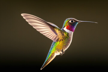 Fototapeta premium Colorful Hummingbird Flying, Dark Background, Closeup, Generative AI Digital Illustration