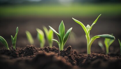 A springtime corn field featuring soft focus shots of freshly sprouted, green seedlings. In a farming region, young corn plants are flourishing in soil, AI Generative