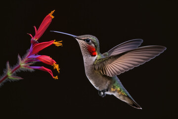 Obraz premium Colorful Hummingbird Flying, Black Background, Red Flower, Closeup, Generative AI Digital Illustration