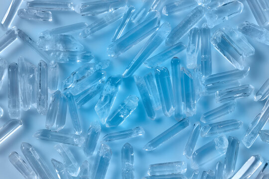 Close-up of transparent quartz stone crystals.