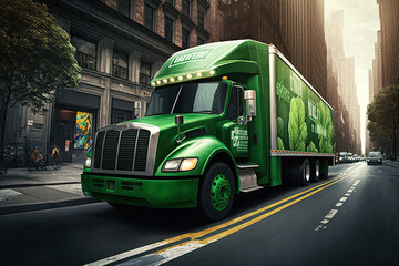 A green delivery truck driving on a city street, generative ai