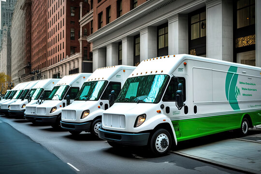 A fleet of electric delivery vans on a busy city street, generative ai