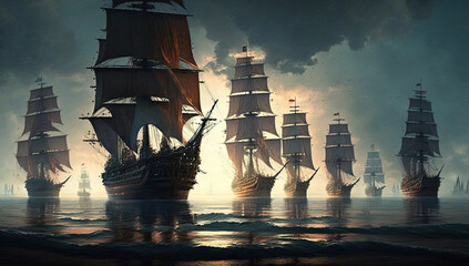 illustration of the mystical ships - obrazy, fototapety, plakaty