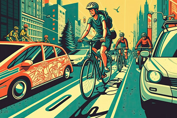 Obraz na płótnie Canvas Cyclists and electric vehicles coexisting in harmony, generative ai