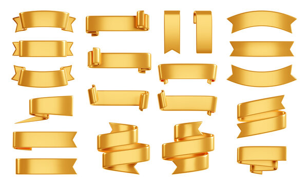 Golden ribbon banner 3d render - set of gold glossy text box for sale or discount promotion sign.