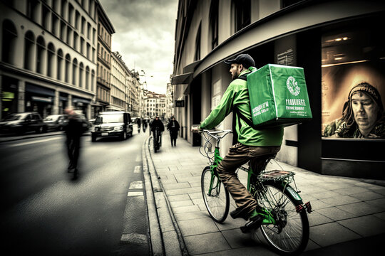 Cyclist delivering packages using green bike in city center, generative ai