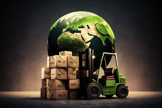 Forklift and boxes with a glowing green earth globe in the background showcasing environmental responsibility, generative ai