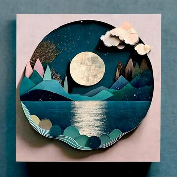 Peaceful moonlit lake, paper collage cinemagraph mixed media, animated storybook sleep background, music visualizer, gentle movement, looping loopable cute scene 1:1 instagram post (generative AI, AI)