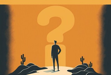 Deserted man with question mark behind him, uncertainty generative ai illustration with orange background - obrazy, fototapety, plakaty