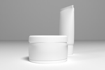 White 3d rendering or mockup cylinder podium for branding, packaging and cosmetic product presentation. Minimal geometric shapes. Stage showcase. Cosmetic package mockup set 3D rendering