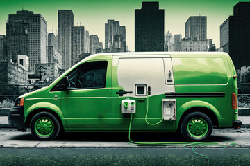 Fototapeta na wymiar Green electric van with cityscape in background, generative ai