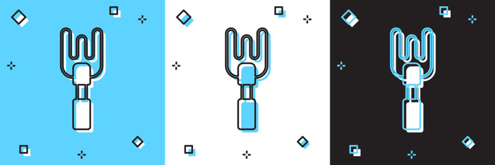 Set Garden rake icon isolated on blue and white, black background. Tool for horticulture, agriculture, farming. Ground cultivator. Housekeeping equipment. Vector