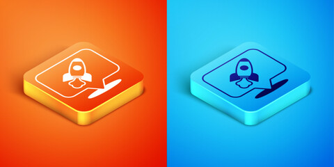 Isometric Rocket ship icon isolated on orange and blue background. Space travel. Vector