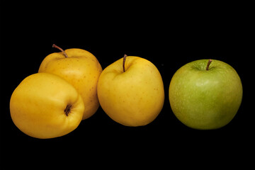 three yellow apples and one green on a black background.