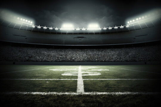 American Football Field Illuminated by Stadium Lights Background, Generative AI Digital Illustration