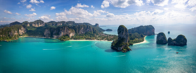 Panoramic aerial view of the popular Railay Beach and Phra Nang at Krabi, Thailand, surrounded by lush jungle and emerald sea