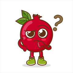 Pomegranate Fruit cartoon mascot character in a confused gesture with question