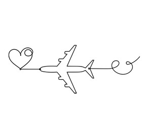 Abstract heart with plane as continuous line drawing on white background