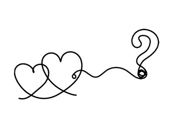 Abstract heart with question mark as continuous line drawing on white background