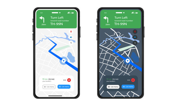 GPS map navigation ux ui concept, smartphone screen map app destination, app search map navigation, dark and light navigation map themes, city navigation maps, delivery driver, street, location vector