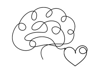 Abstract heart with brain as continuous line drawing on white background