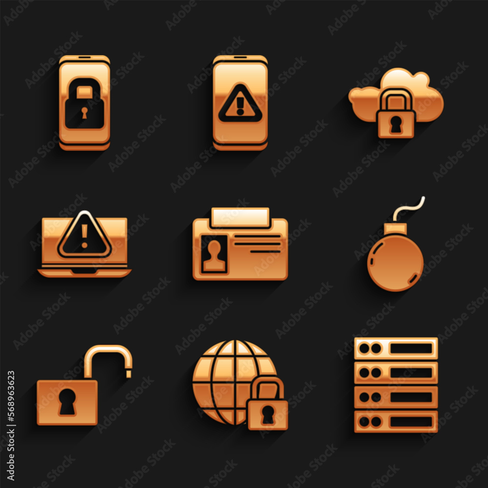 Poster set identification badge, global lockdown, server, data, web hosting, bomb ready to explode, open pa