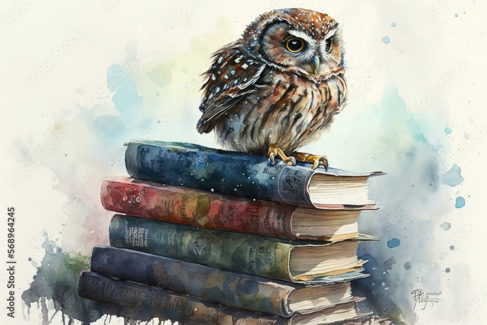 Sticker Watercolor painting of an owl sitting on a stack of books. Generative AI