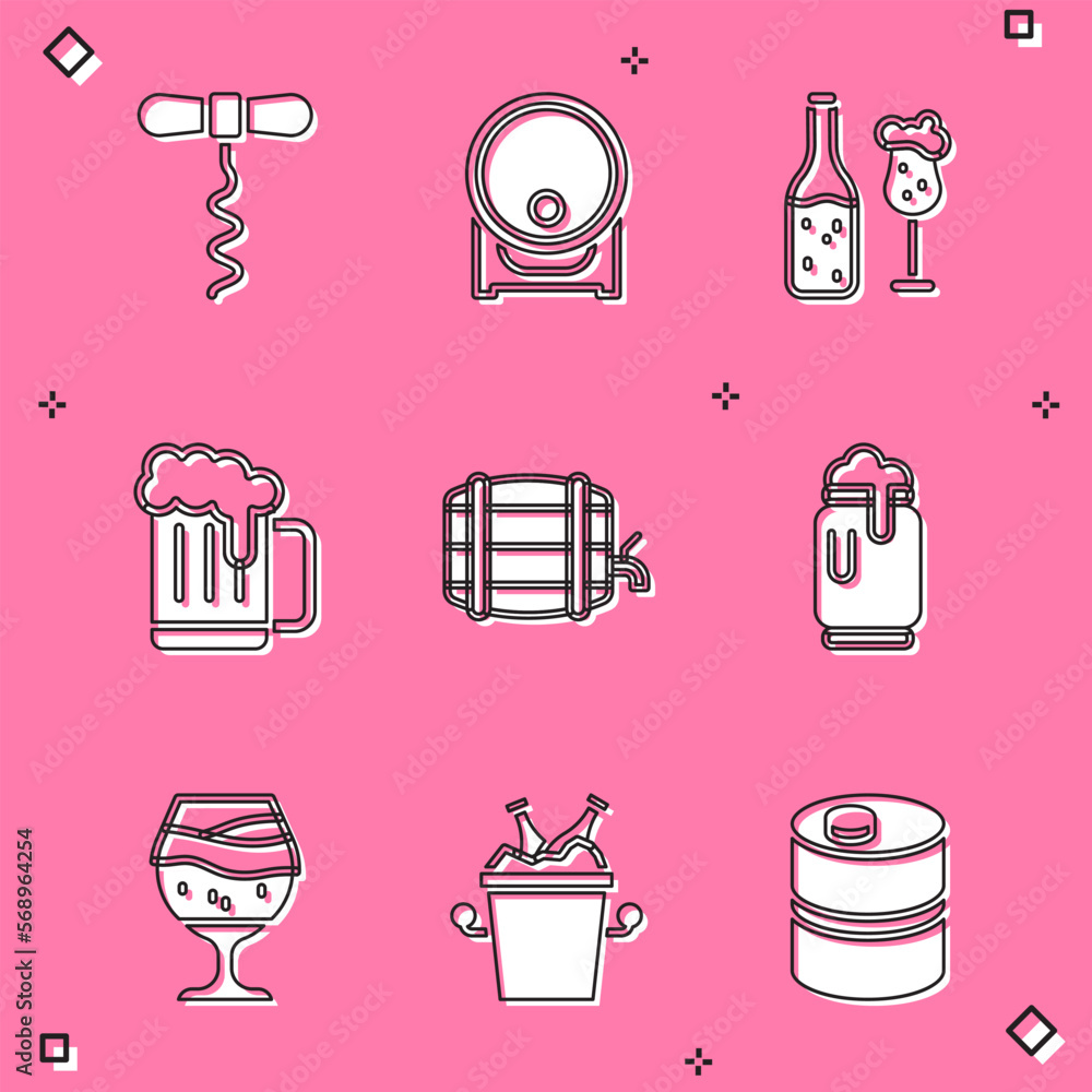 Sticker Set Wine corkscrew, Wooden barrel on rack, Beer bottle and glass, beer mug, can with foam, Glass of and bottles ice bucket icon. Vector