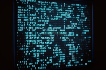 Blue digital binary data on computer screen. Generative AI.